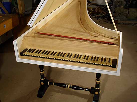 A view of the Cristofori harpsichord in its gesso ground, with the stand borrowed from the fortepiano